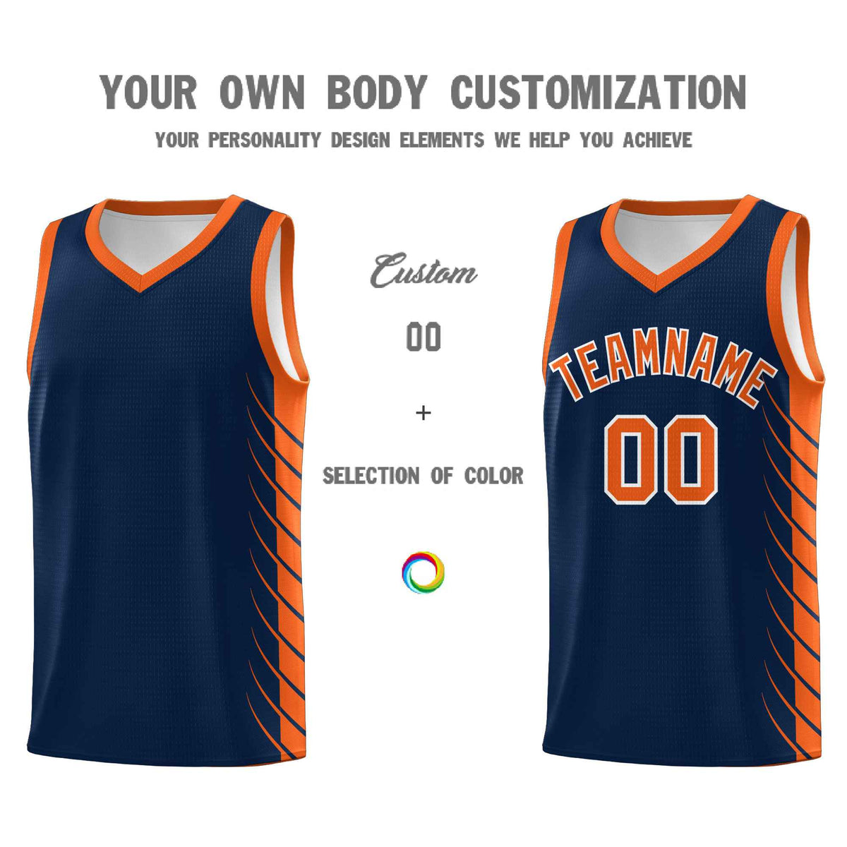 Custom Navy Orange Personalized Side Symmetrical Line Pattern Sports Uniform Basketball Jersey