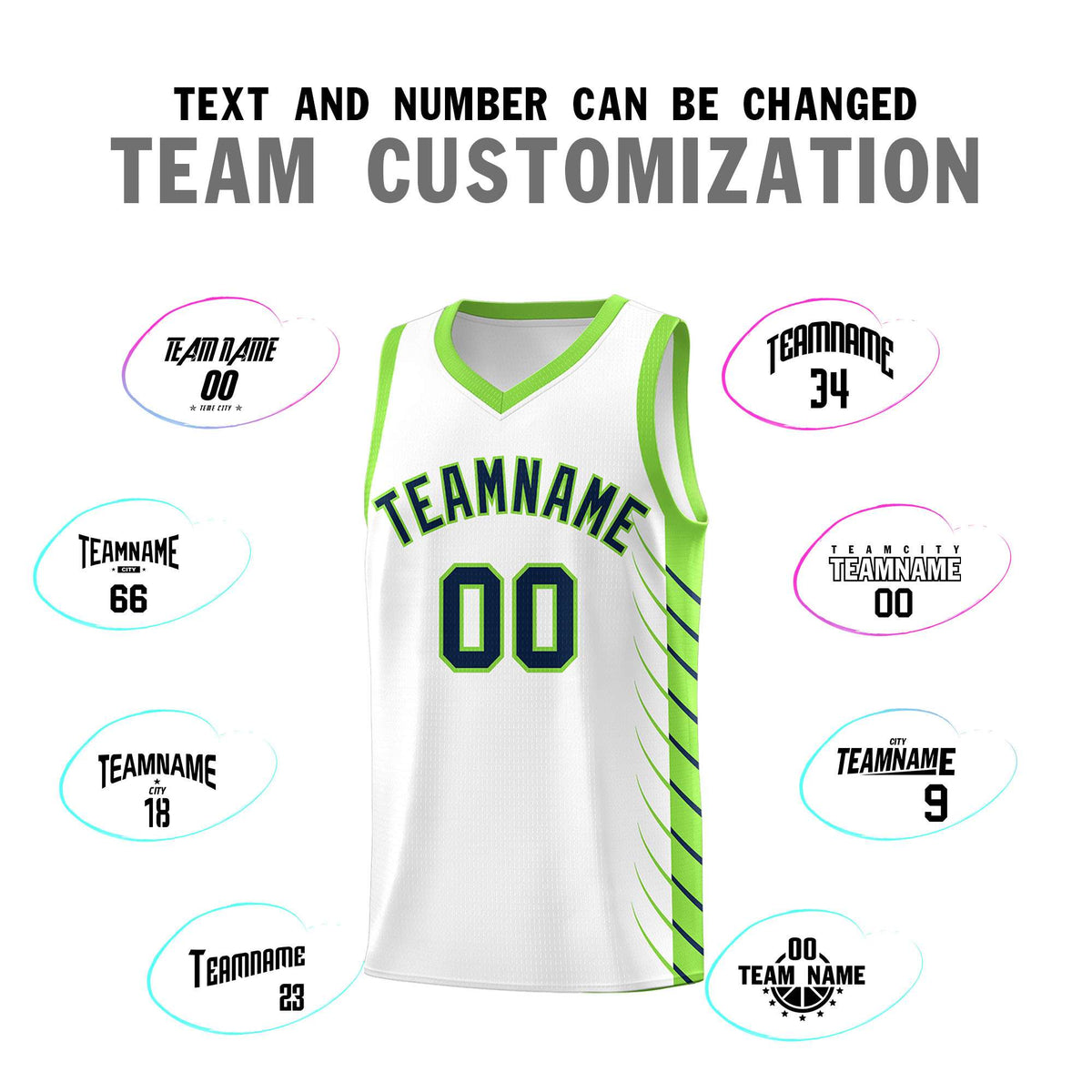 Custom White Fluorescent Green Personalized Side Symmetrical Line Pattern Sports Uniform Basketball Jersey