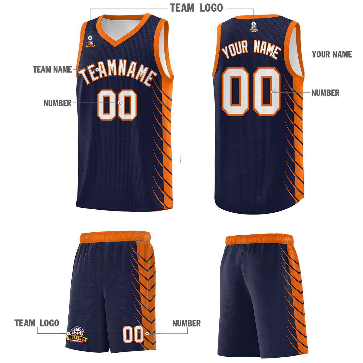 Custom Navy Orange Personalized Side Symmetrical Line Pattern Sports Uniform Basketball Jersey