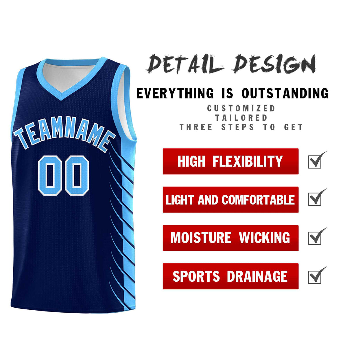 Custom Navy Powder Blue Personalized Side Symmetrical Line Pattern Sports Uniform Basketball Jersey