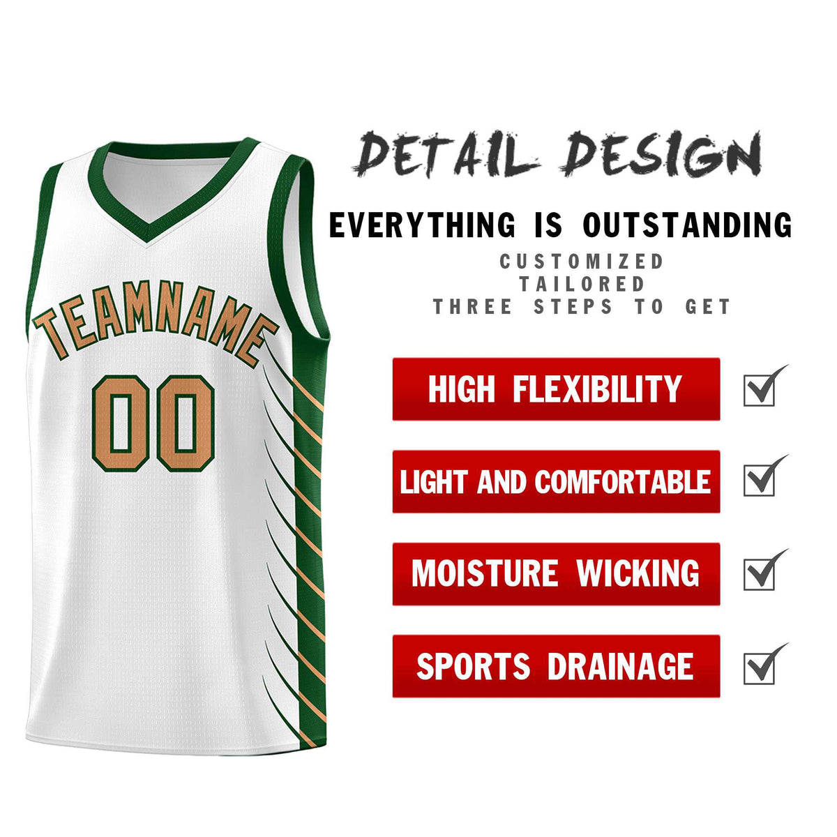 Custom White Green Personalized Side Symmetrical Line Pattern Sports Uniform Basketball Jersey