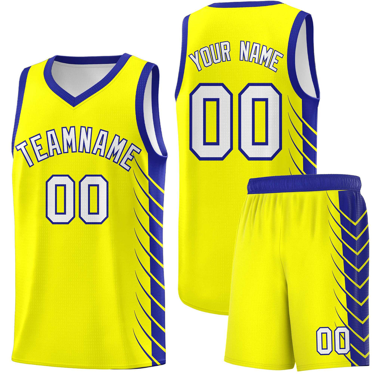 Custom Fluorescent Yellow Royal Personalized Side Symmetrical Line Pattern Sports Uniform Basketball Jersey