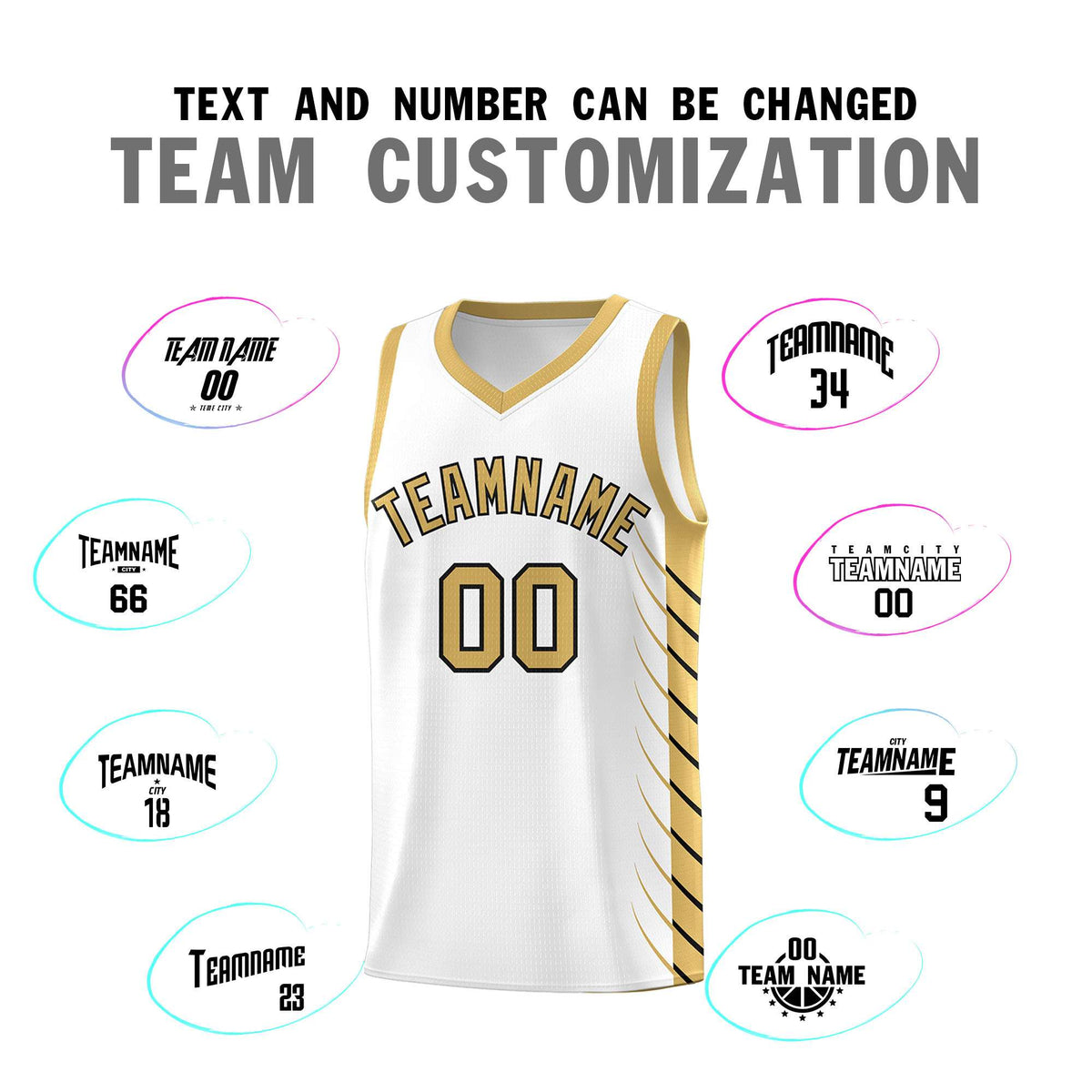 Custom White Old Gold Personalized Side Symmetrical Line Pattern Sports Uniform Basketball Jersey