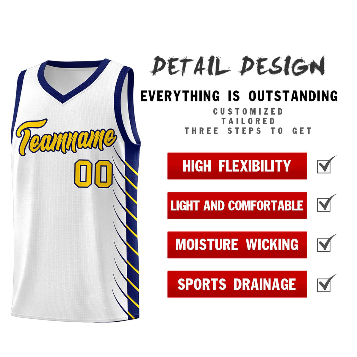 Custom White Navy Personalized Side Symmetrical Line Pattern Sports Uniform Basketball Jersey