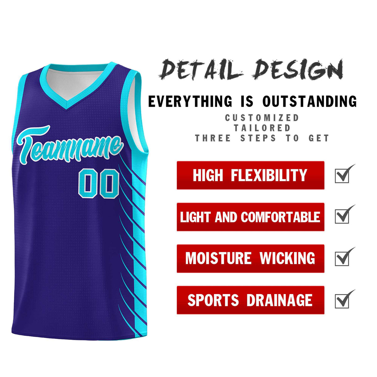 Custom Royal Sky Blue Personalized Side Symmetrical Line Pattern Sports Uniform Basketball Jersey
