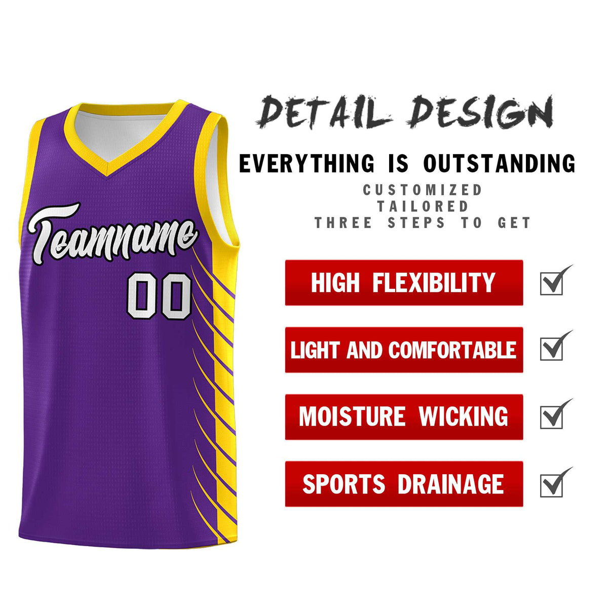 Custom Purple Gold Personalized Side Symmetrical Line Pattern Sports Uniform Basketball Jersey