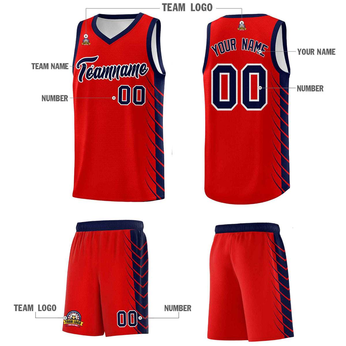 Custom Red Navy Personalized Side Symmetrical Line Pattern Sports Uniform Basketball Jersey