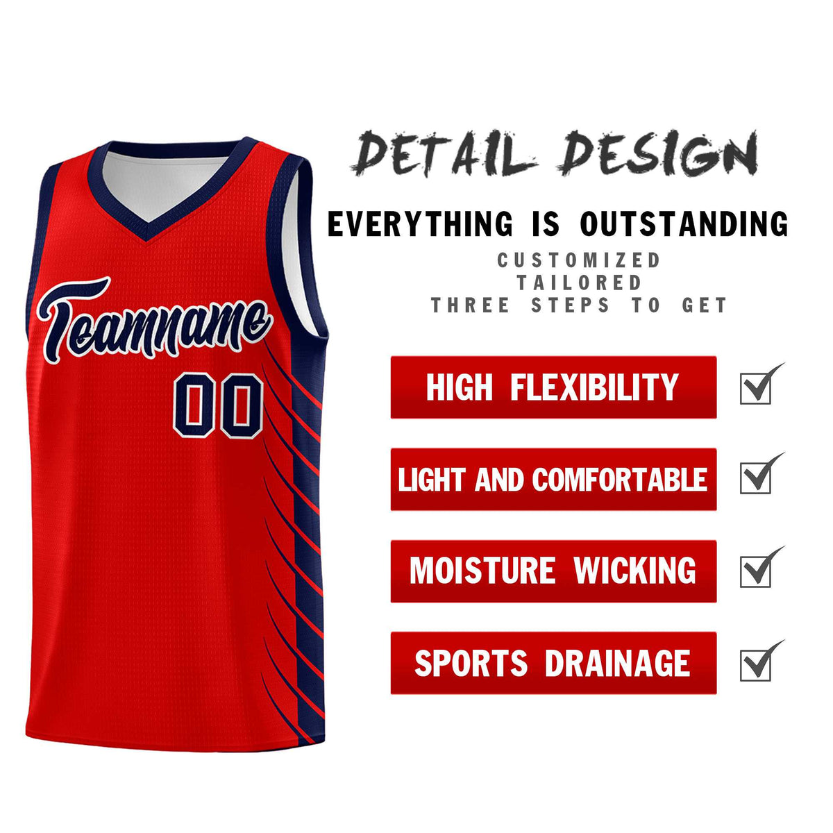 Custom Red Navy Personalized Side Symmetrical Line Pattern Sports Uniform Basketball Jersey