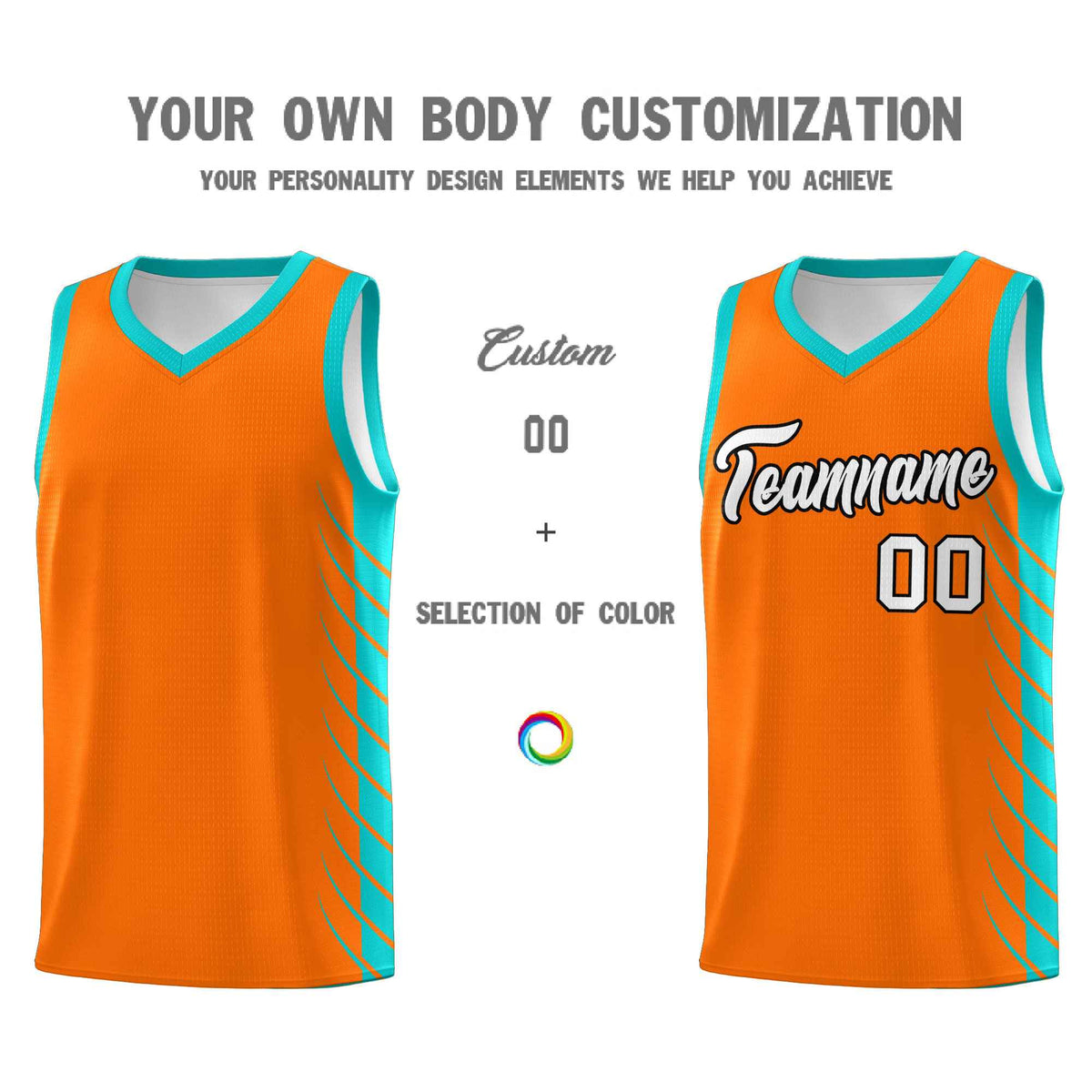 Custom Orange Aqua Personalized Side Symmetrical Line Pattern Sports Uniform Basketball Jersey