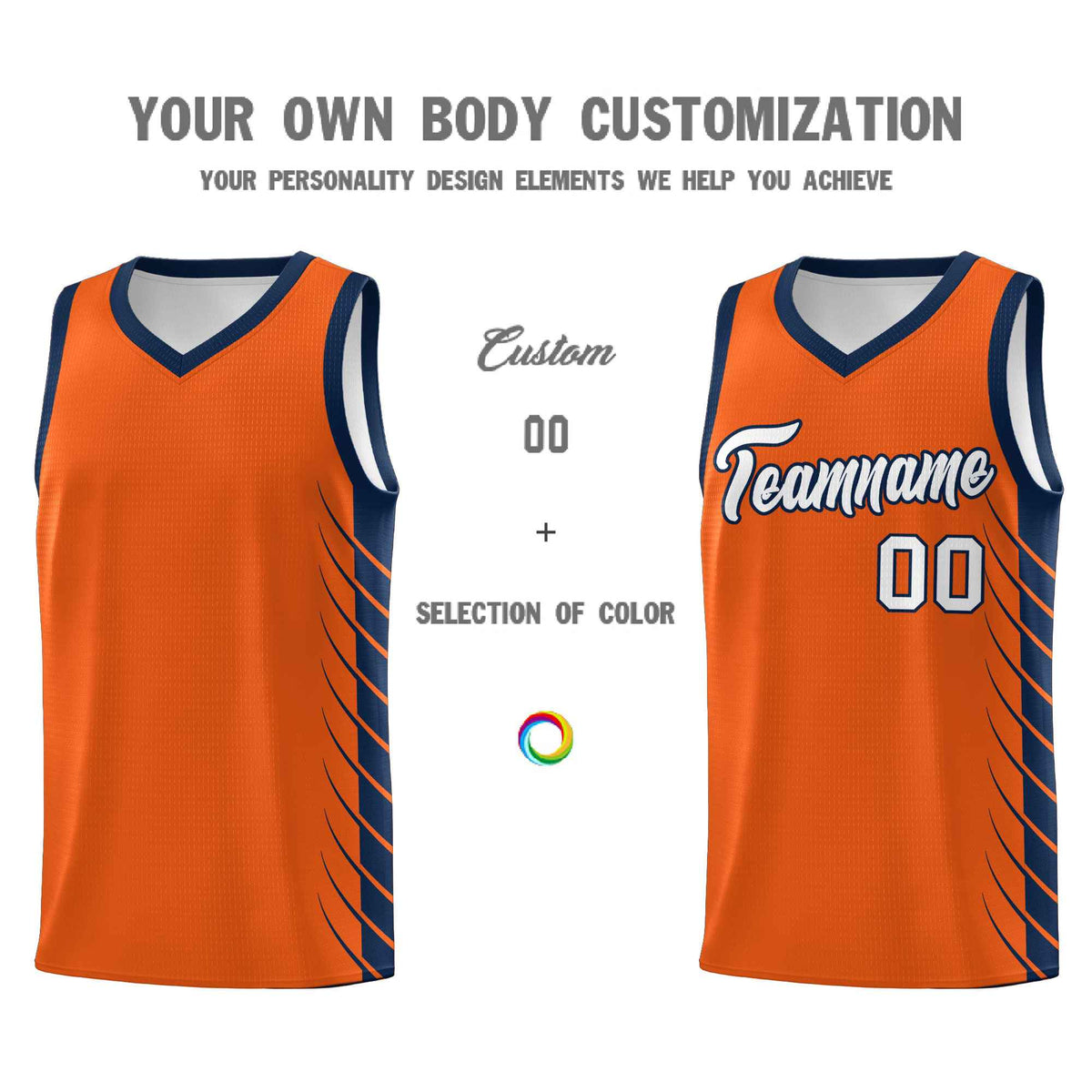 Custom Orange Navy Personalized Side Symmetrical Line Pattern Sports Uniform Basketball Jersey