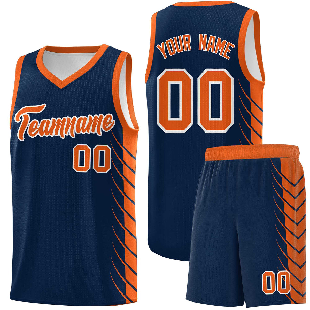 Custom Navy Orange Personalized Side Symmetrical Line Pattern Sports Uniform Basketball Jersey