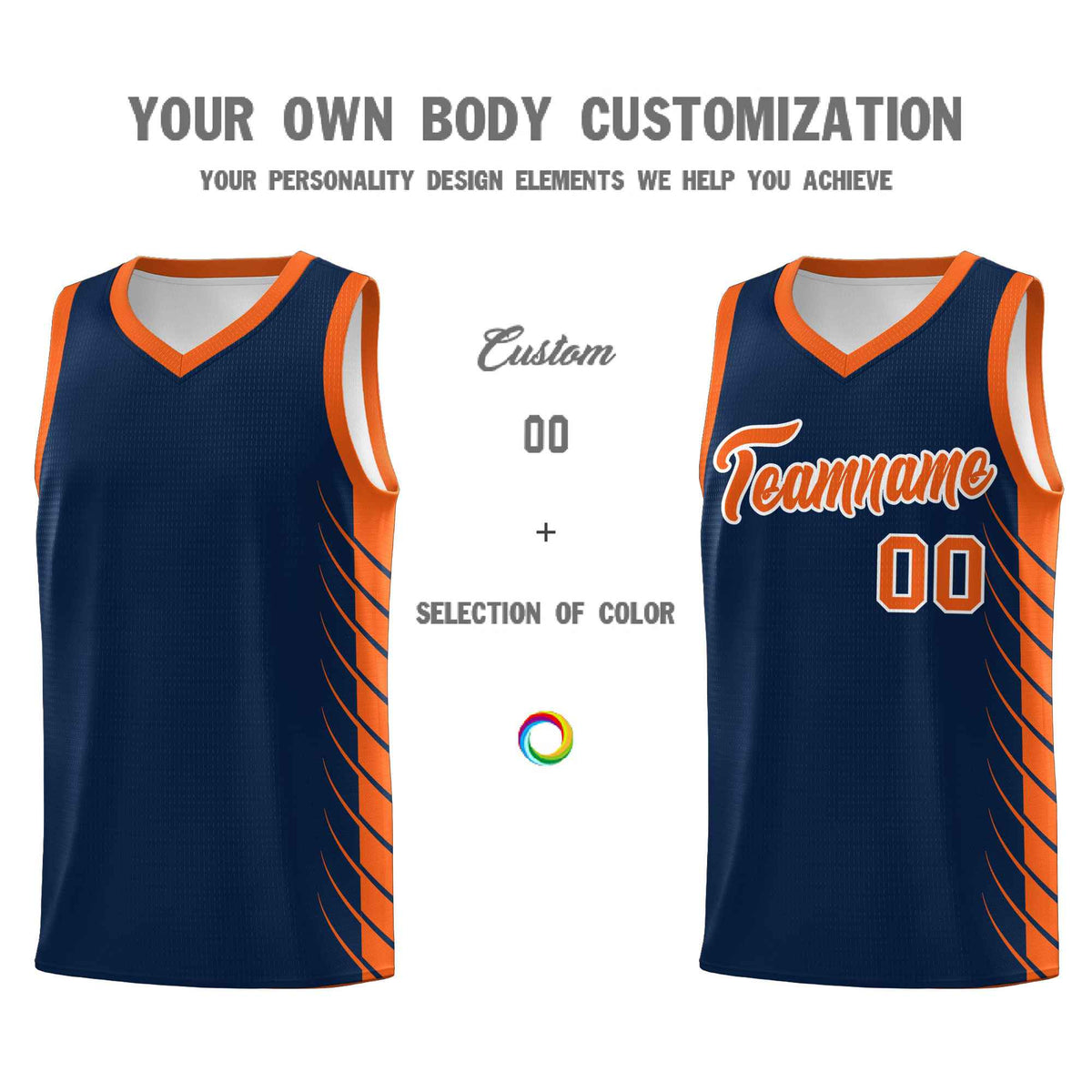 Custom Navy Orange Personalized Side Symmetrical Line Pattern Sports Uniform Basketball Jersey