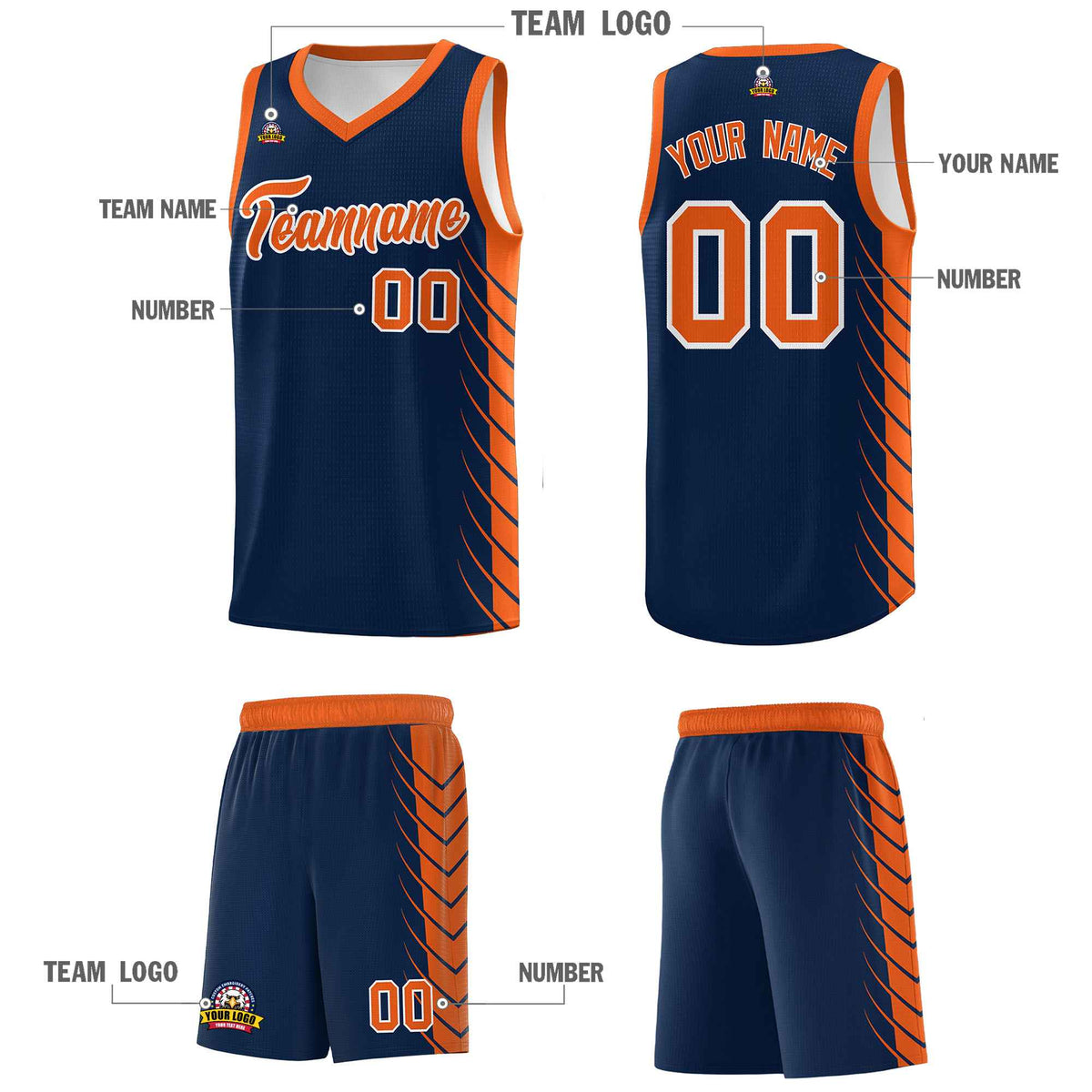 Custom Navy Orange Personalized Side Symmetrical Line Pattern Sports Uniform Basketball Jersey