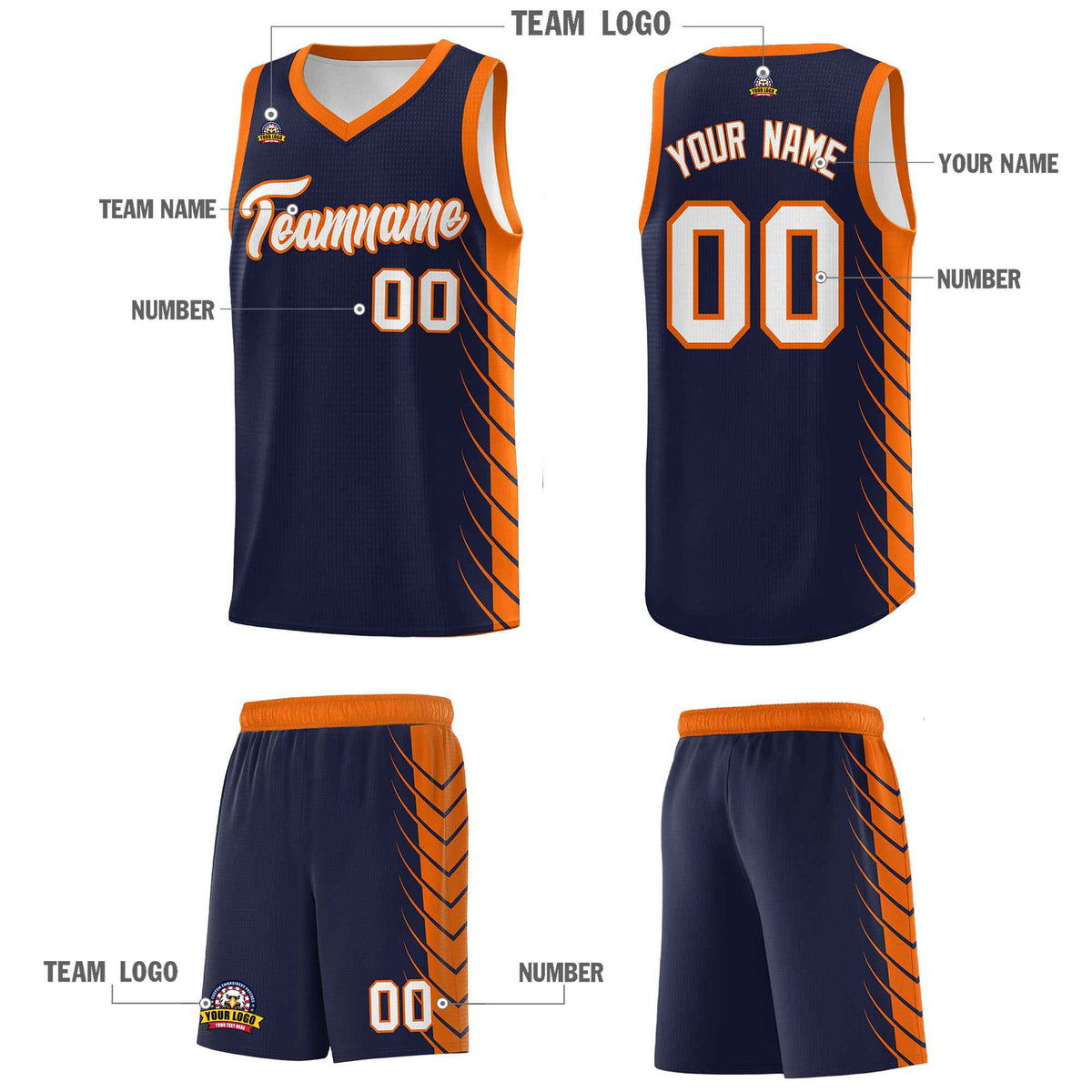 Custom Navy Orange Personalized Side Symmetrical Line Pattern Sports Uniform Basketball Jersey