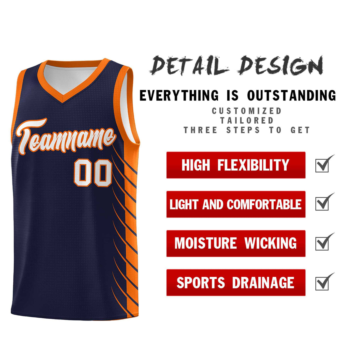 Custom Navy Orange Personalized Side Symmetrical Line Pattern Sports Uniform Basketball Jersey