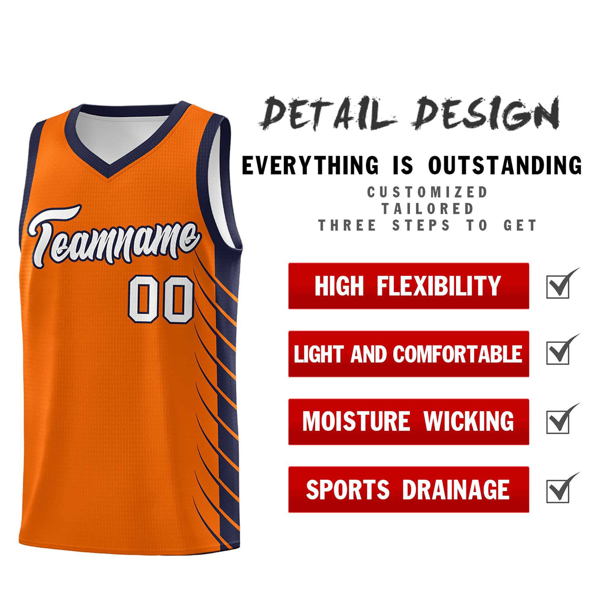 Custom Orange Navy Personalized Side Symmetrical Line Pattern Sports Uniform Basketball Jersey