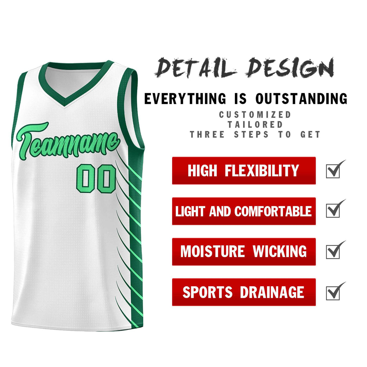 Custom White Kelly Green Personalized Side Symmetrical Line Pattern Sports Uniform Basketball Jersey