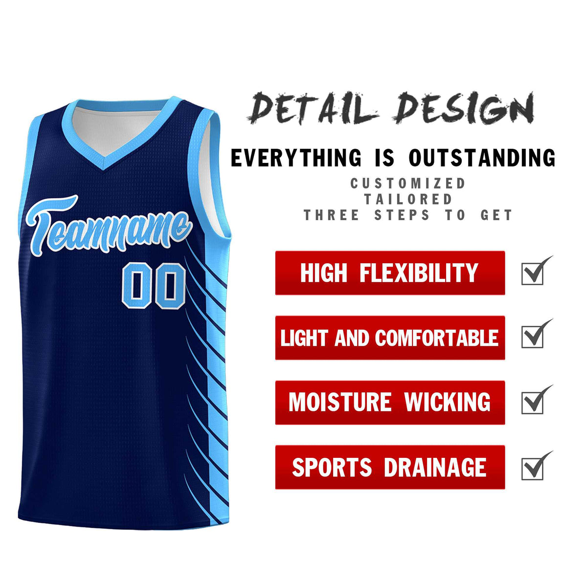 Custom Navy Powder Blue Personalized Side Symmetrical Line Pattern Sports Uniform Basketball Jersey