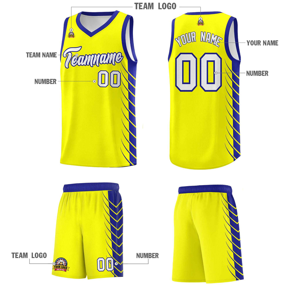 Custom Fluorescent Yellow Royal Personalized Side Symmetrical Line Pattern Sports Uniform Basketball Jersey