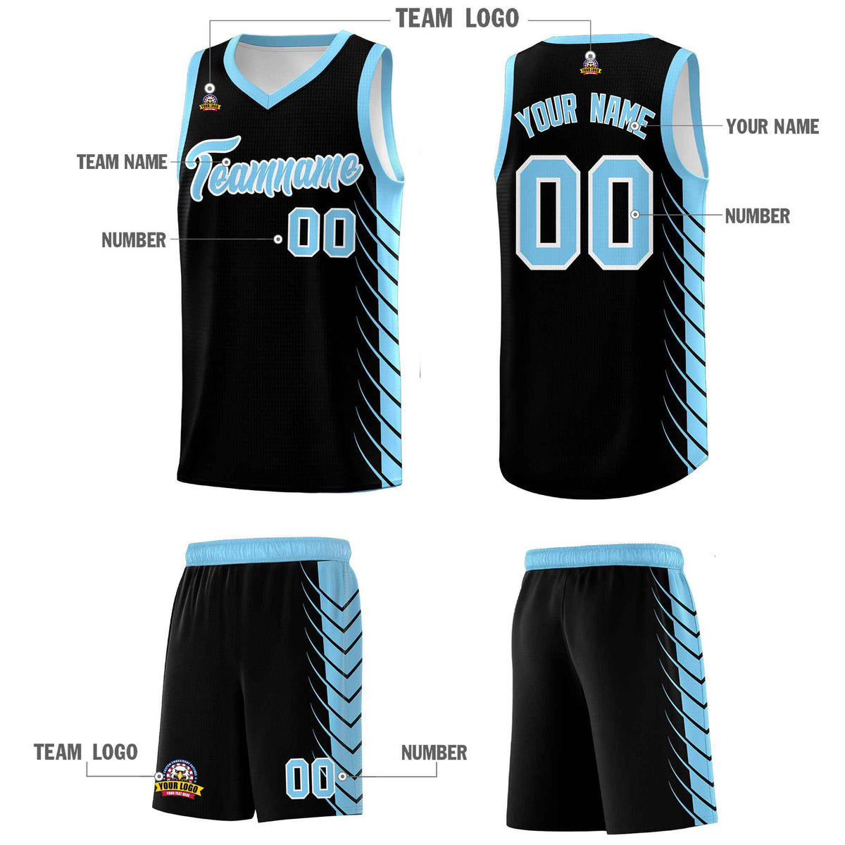 Custom Black Light Blue Personalized Side Symmetrical Line Pattern Sports Uniform Basketball Jersey