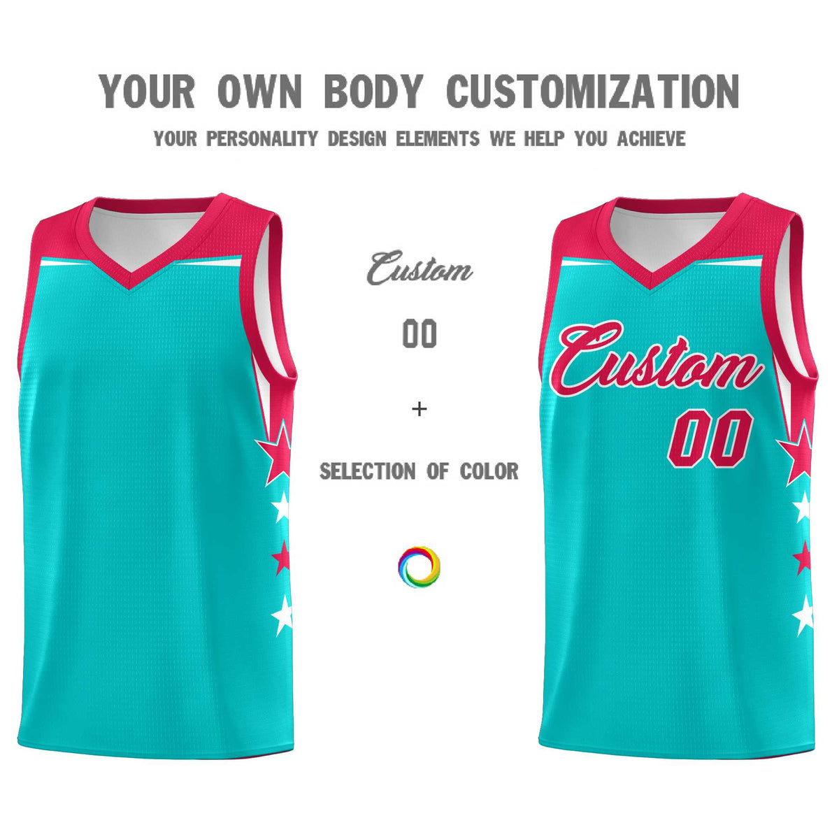 Custom Youth Basketball Uniform Aqua Red Two Tone Side Star Personalized Team Jersey