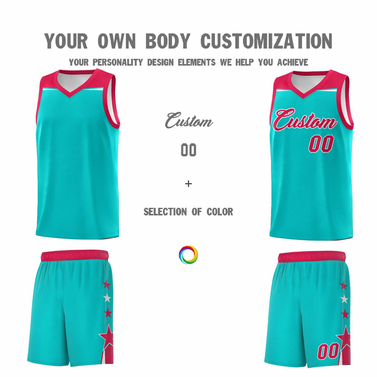 Custom Youth Basketball Uniform Aqua Red Two Tone Side Star Personalized Team Jersey