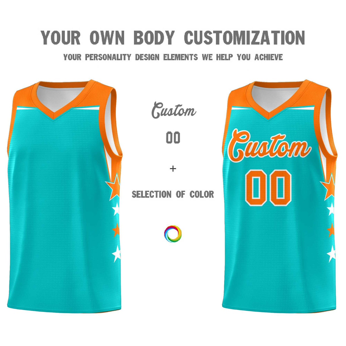 Custom Youth Basketball Uniform Aqua Orange Two Tone Side Star Personalized Team Jersey