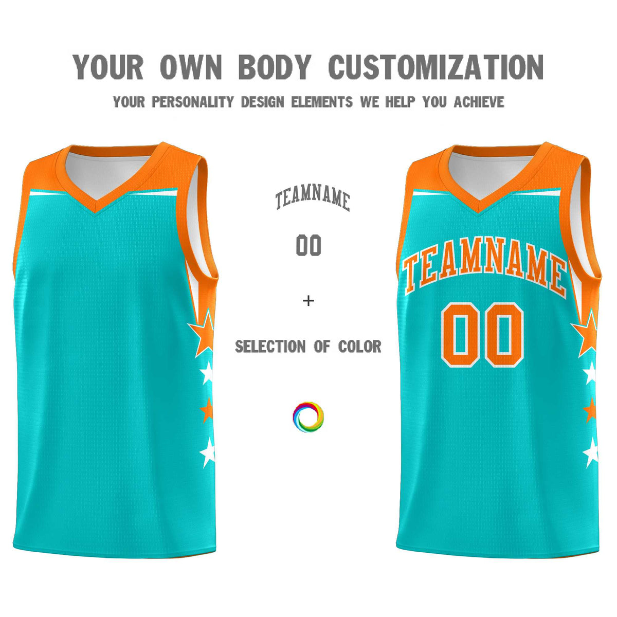 Custom Youth Basketball Uniform Aqua Orange Two Tone Side Star Personalized Team Jersey
