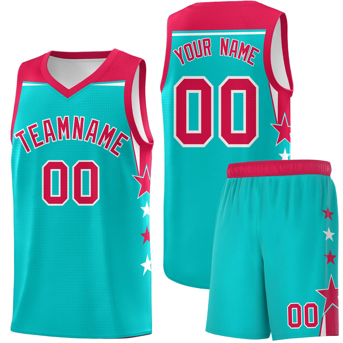 Custom Youth Basketball Uniform Aqua Red Two Tone Side Star Personalized Team Jersey