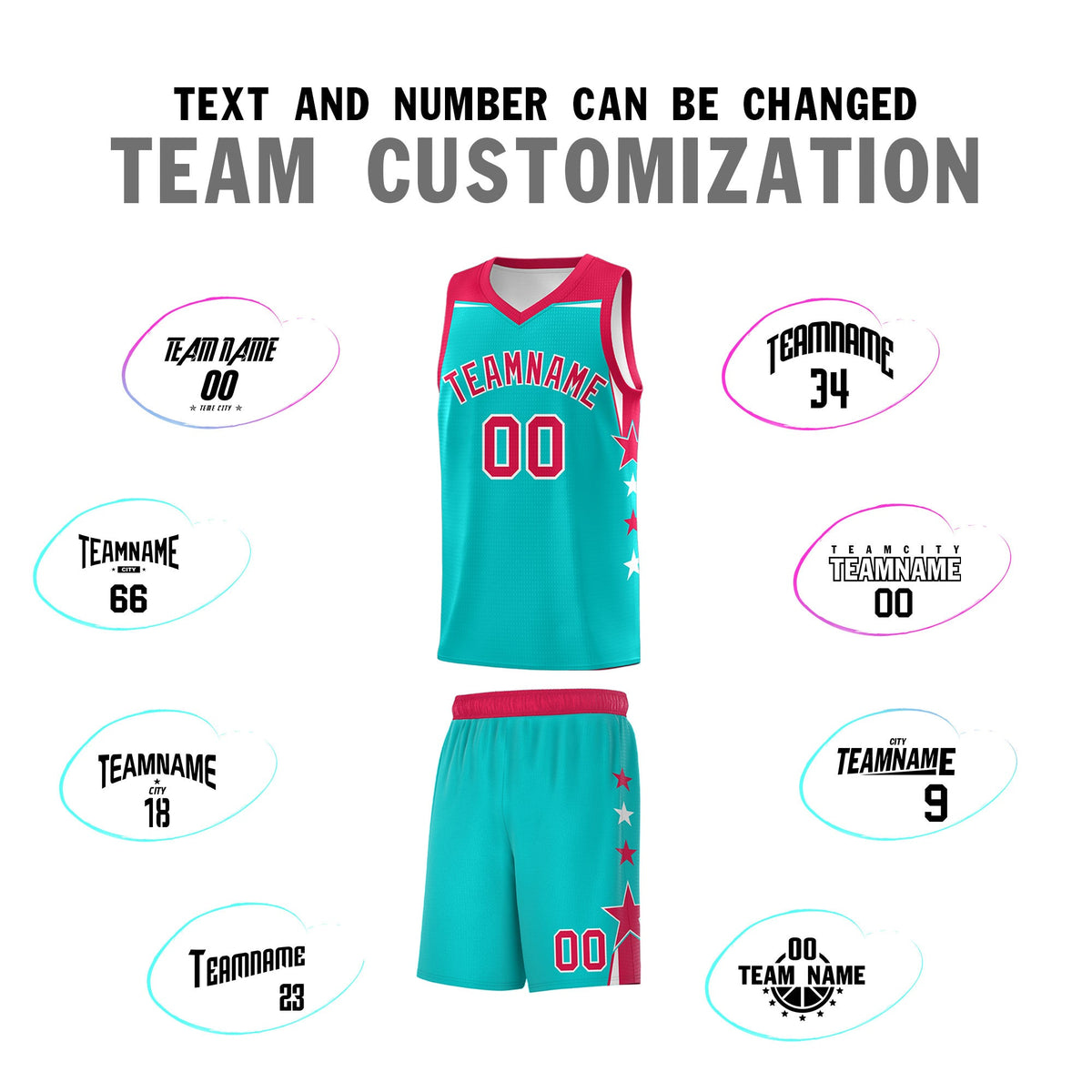 Custom Youth Basketball Uniform Aqua Red Two Tone Side Star Personalized Team Jersey