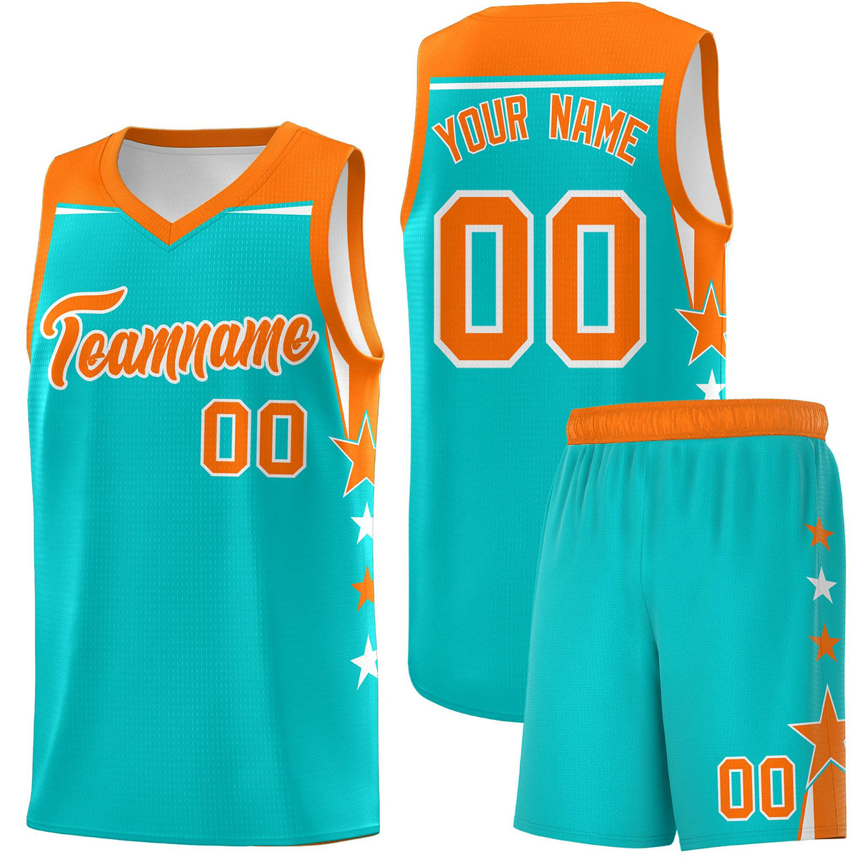 Custom Youth Basketball Uniform Aqua Orange Two Tone Side Star Personalized Team Jersey
