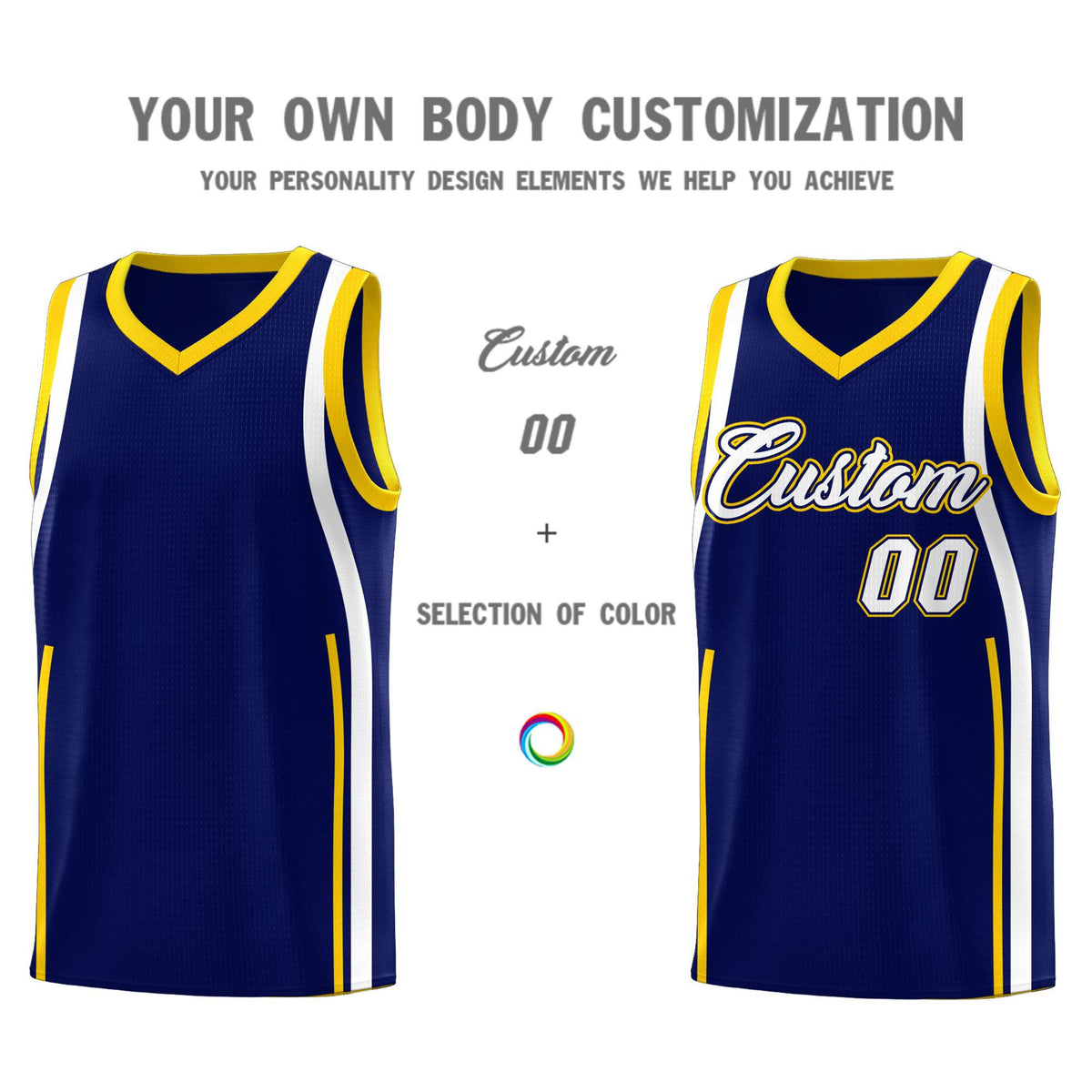 Custom Navy Gold-White Ribbon Pattern Basketball Kits