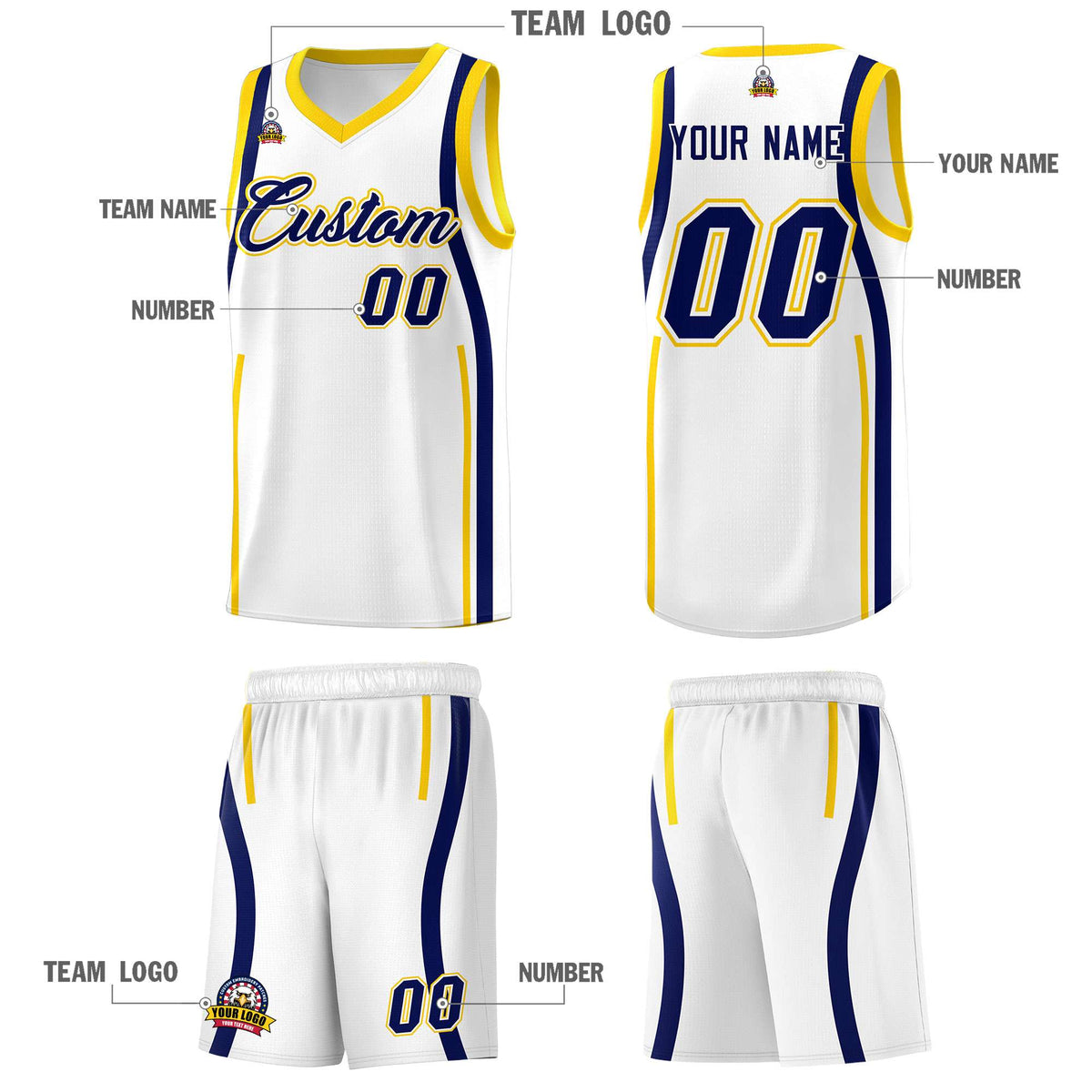 Custom White Navy-Gold Ribbon Pattern Basketball Kits