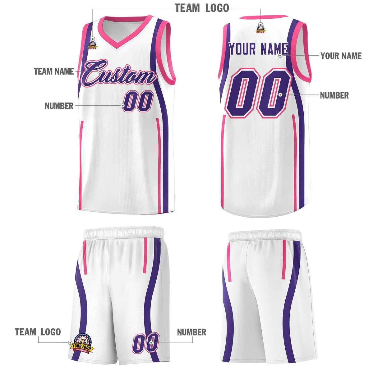 Custom White Pink-Purple Ribbon Pattern Basketball Kits