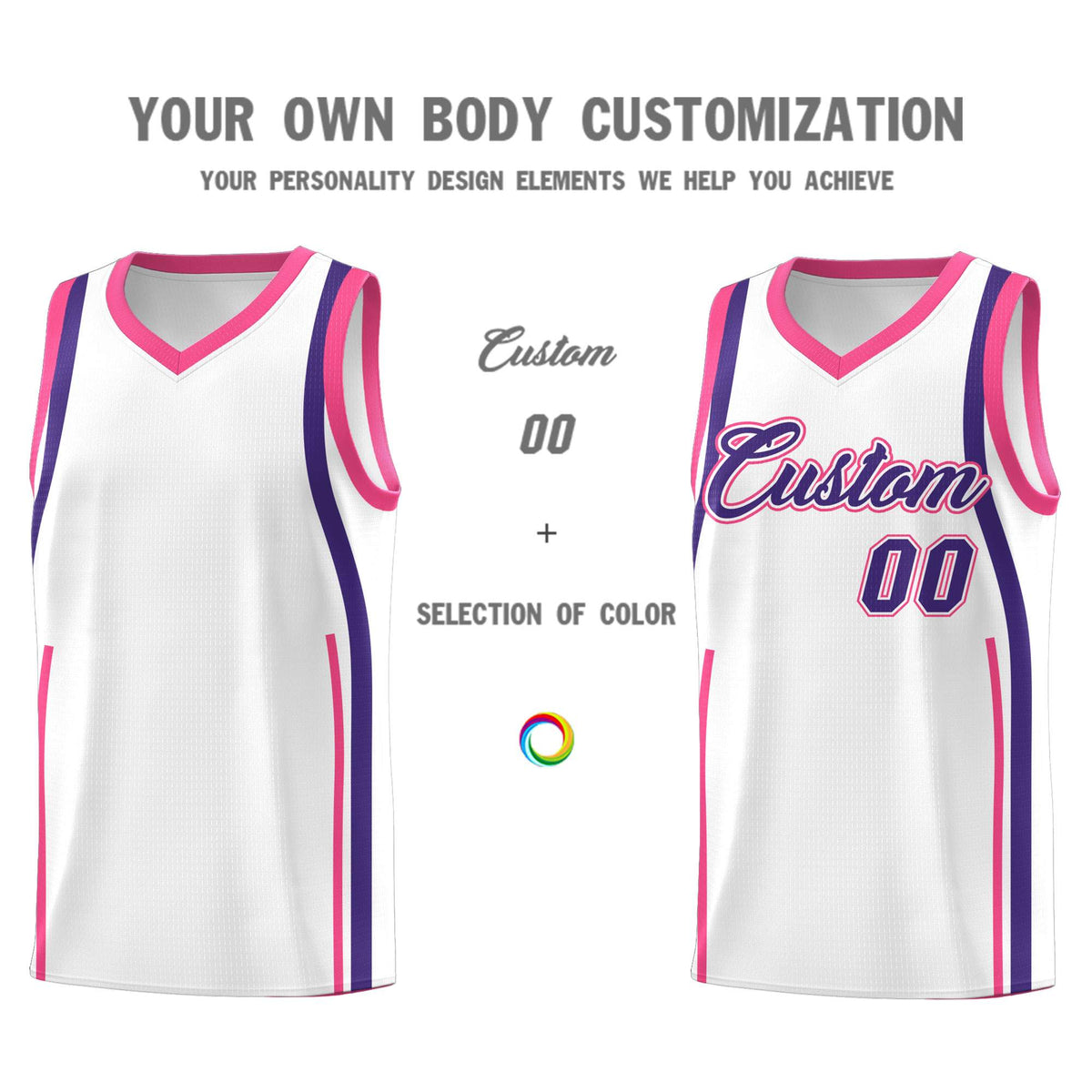 Custom White Pink-Purple Ribbon Pattern Basketball Kits