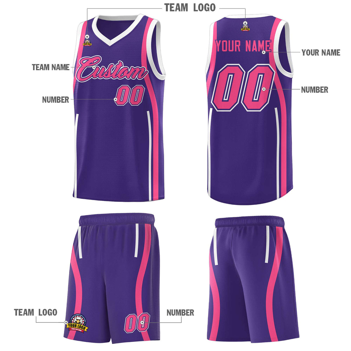 Custom Purple Pink-White Ribbon Pattern Basketball Kits