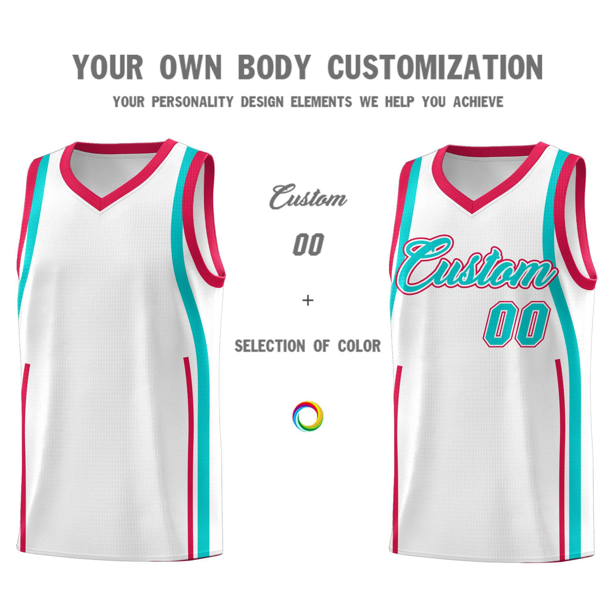 Custom White Aqua-Red Ribbon Pattern Basketball Kits
