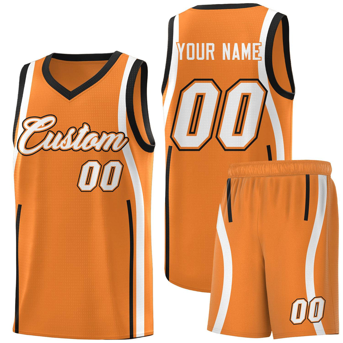 Custom Gold Orange Black-White Ribbon Pattern Basketball Kits
