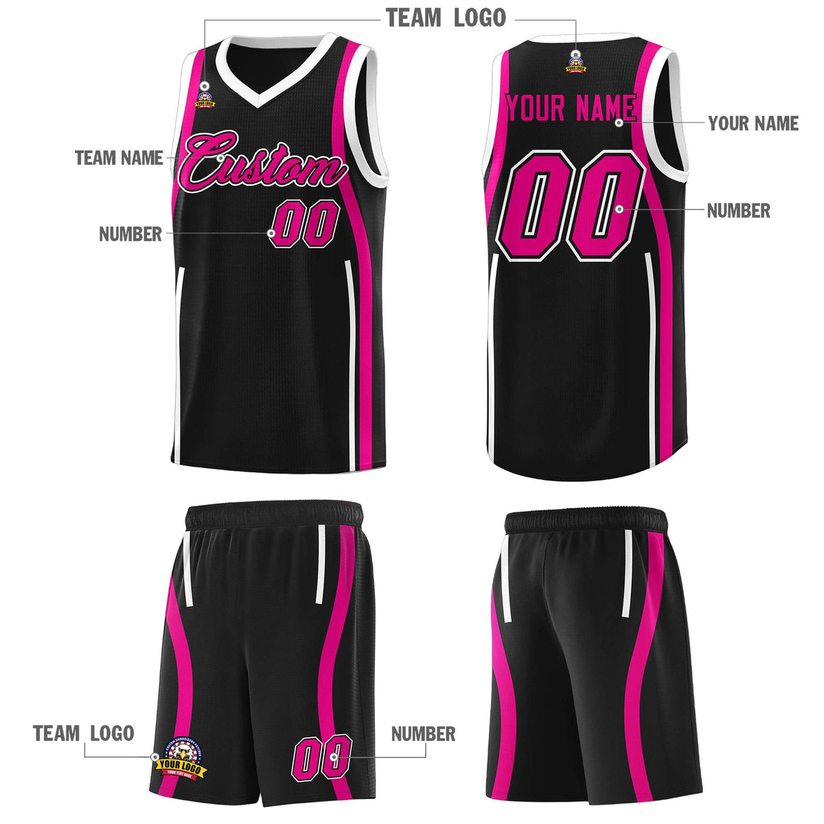 Custom Black Pink-White Ribbon Pattern Basketball Kits