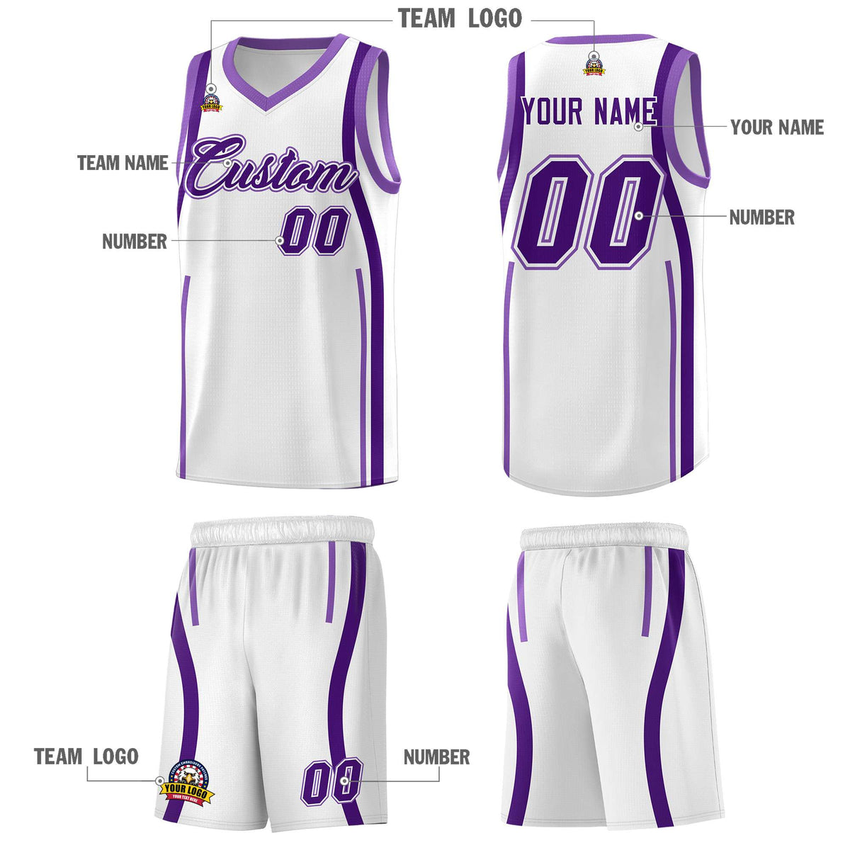 Custom White Purple-Light Purple Ribbon Pattern Basketball Kits