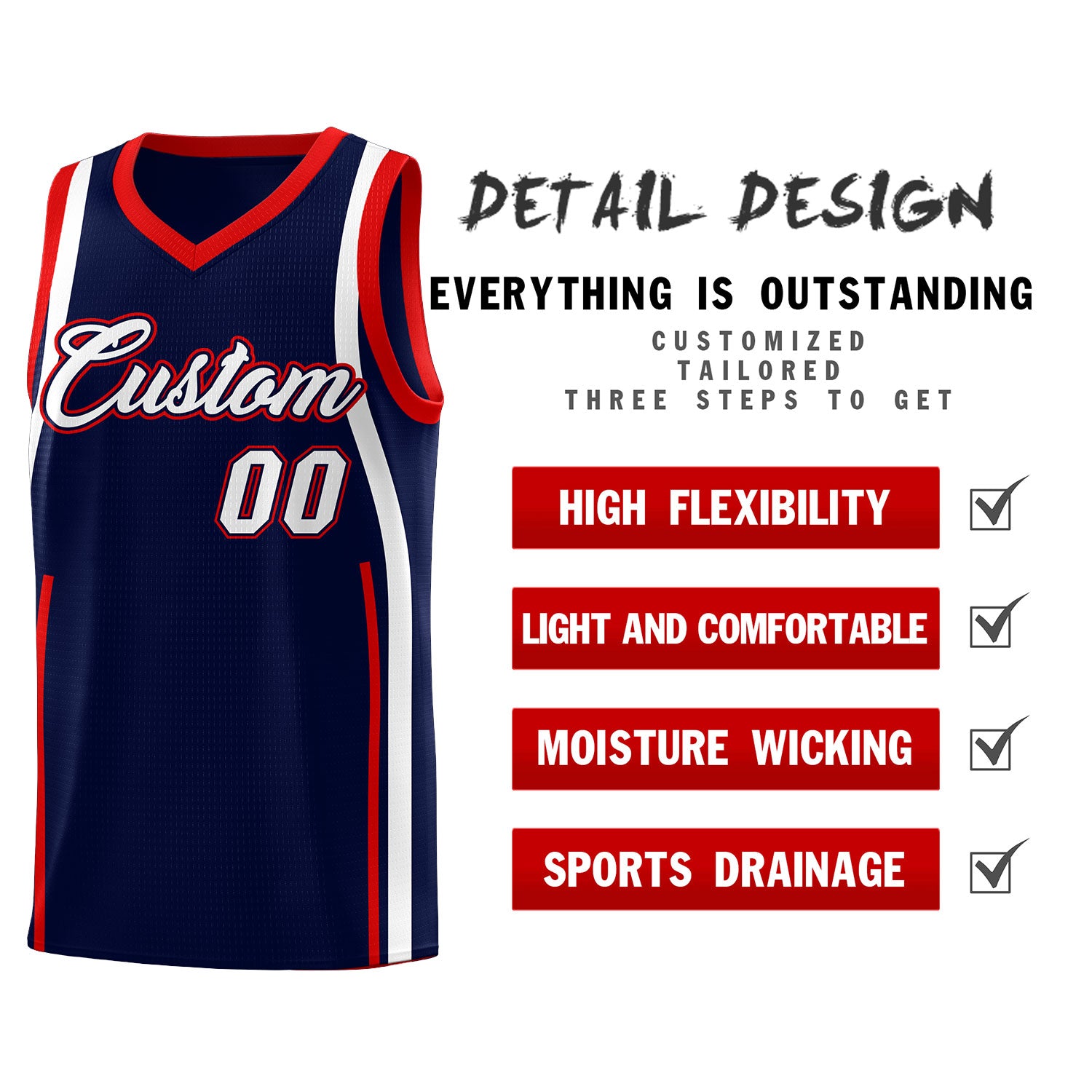 Custom Navy Red-White Ribbon Pattern Basketball Kits