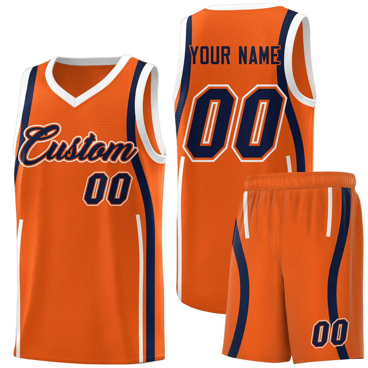 Custom Orange Navy-White Ribbon Pattern Basketball Kits