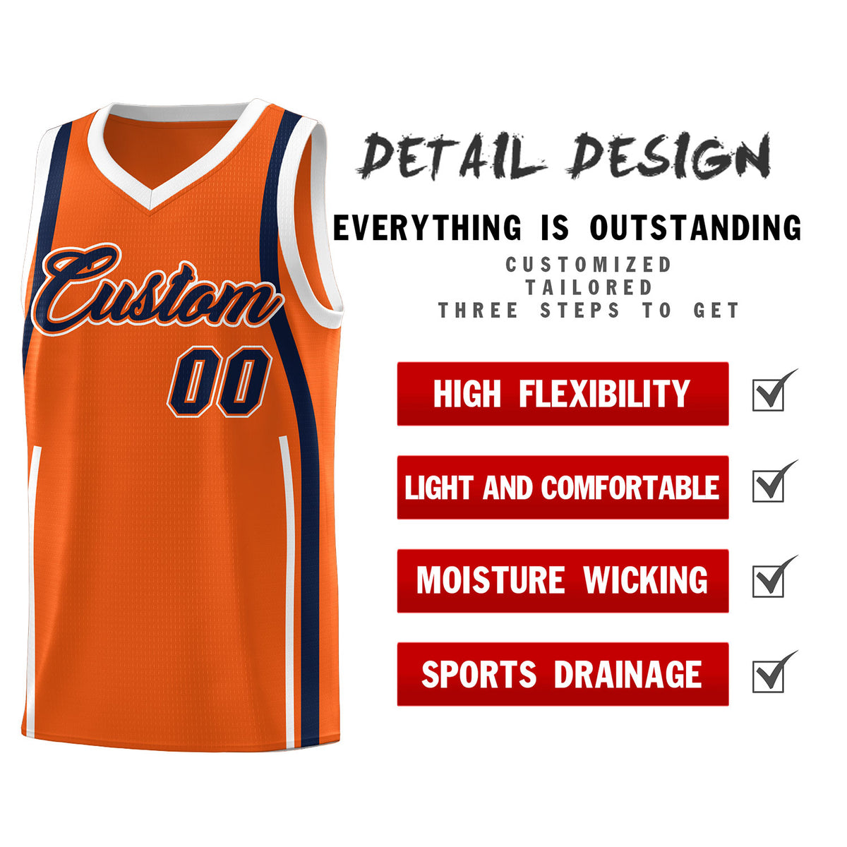 Custom Orange Navy-White Ribbon Pattern Basketball Kits