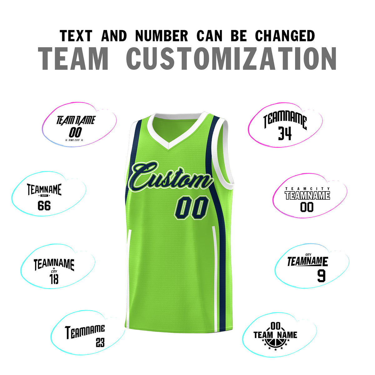 Custom Fluorescent Green Navy-White Ribbon Pattern Basketball Kits