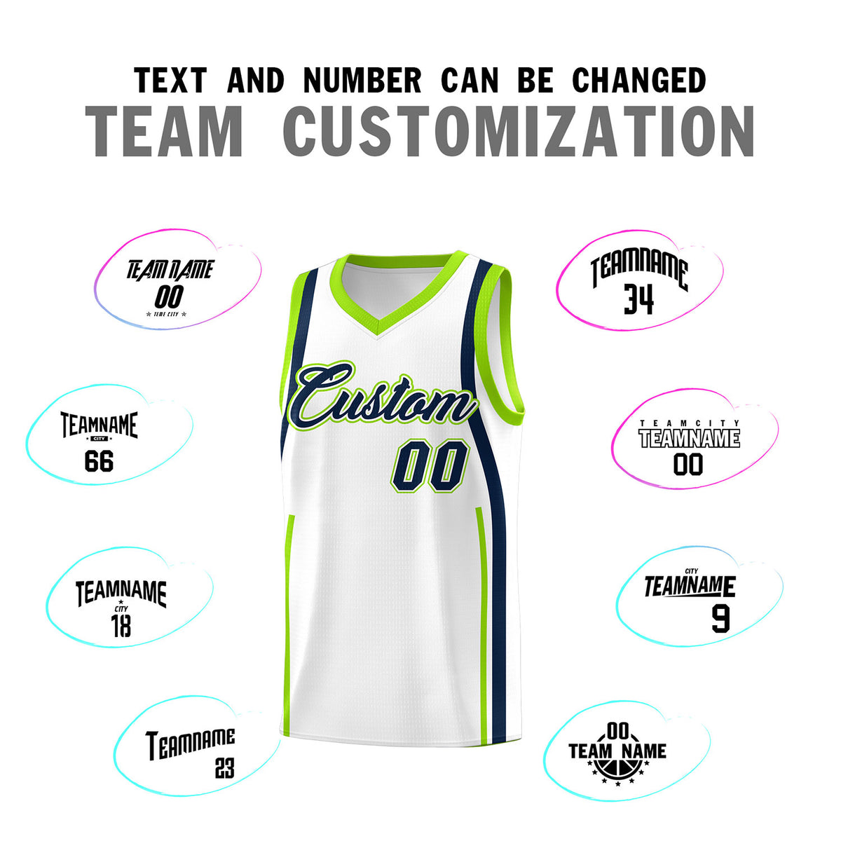 Custom White Fluorescent Green-Navy Ribbon Pattern Basketball Kits