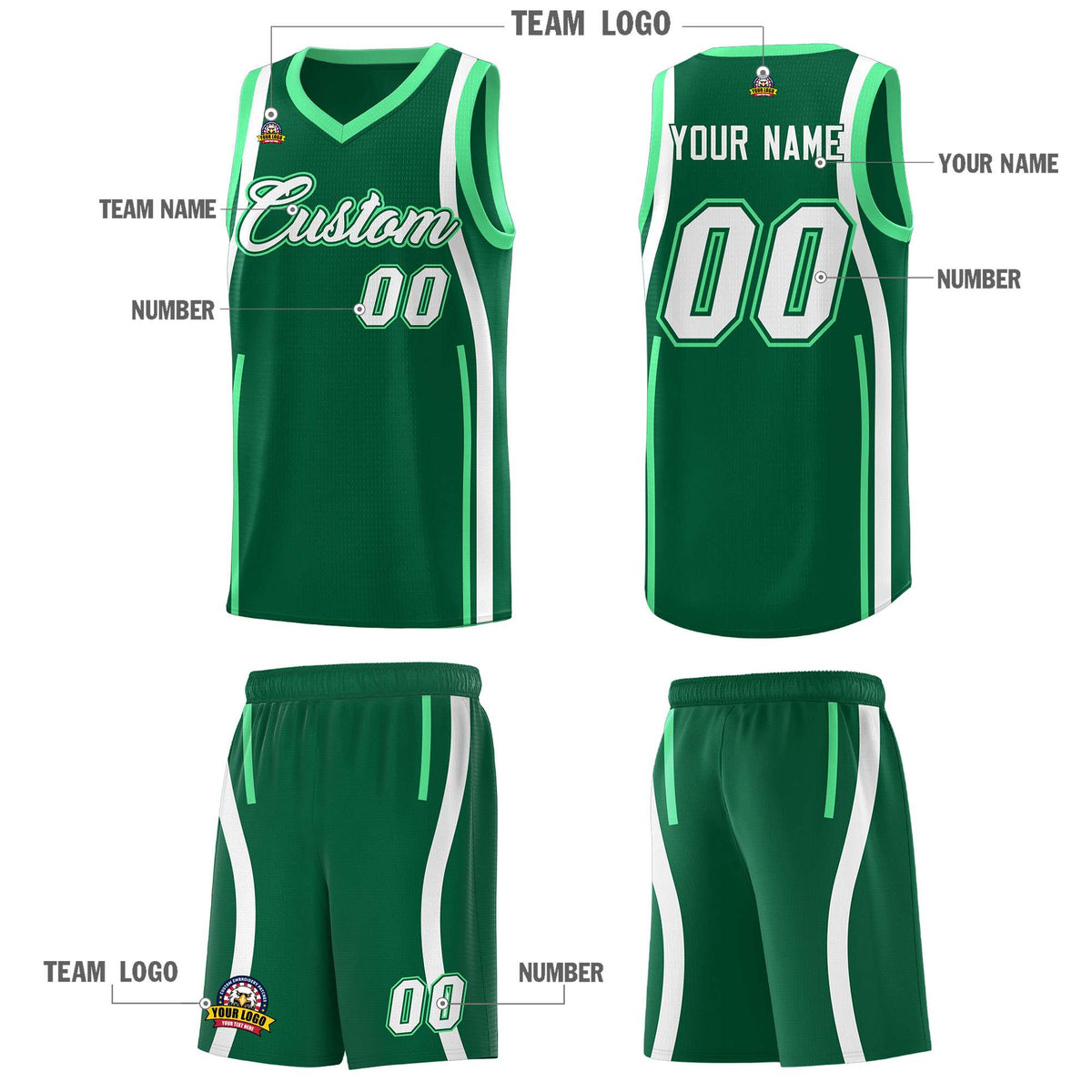 Custom Kelly Green Green-White Ribbon Pattern Basketball Kits