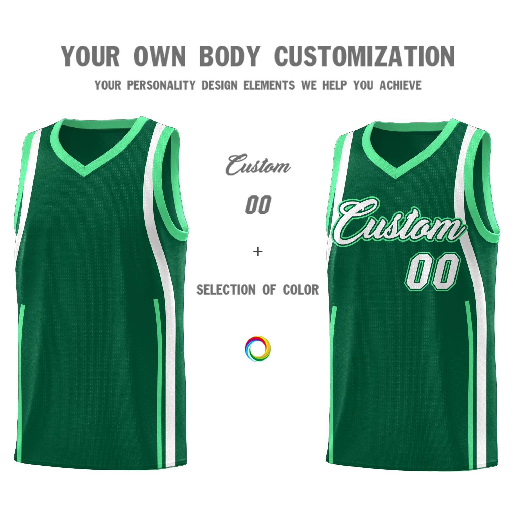 Custom Kelly Green Green-White Ribbon Pattern Basketball Kits