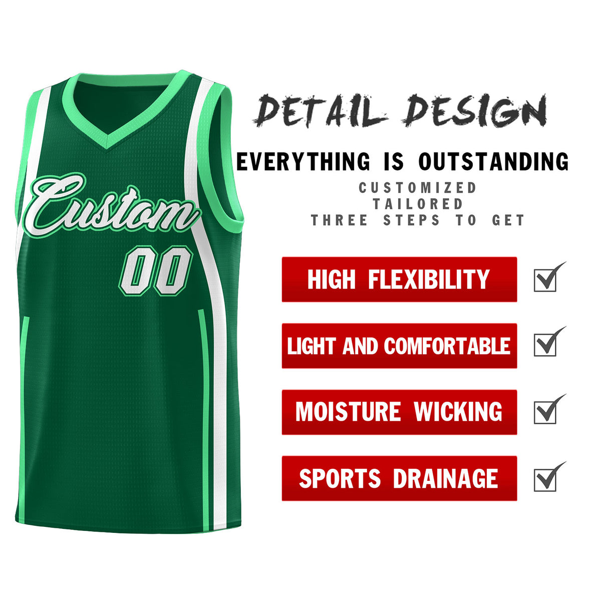 Custom Kelly Green Green-White Ribbon Pattern Basketball Kits