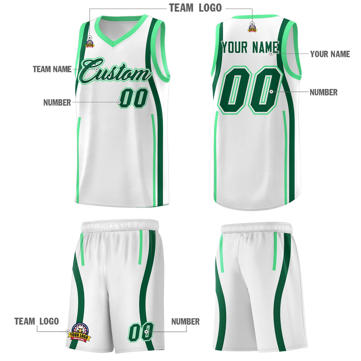 Custom White Kelly Green-Green Ribbon Pattern Basketball Kits