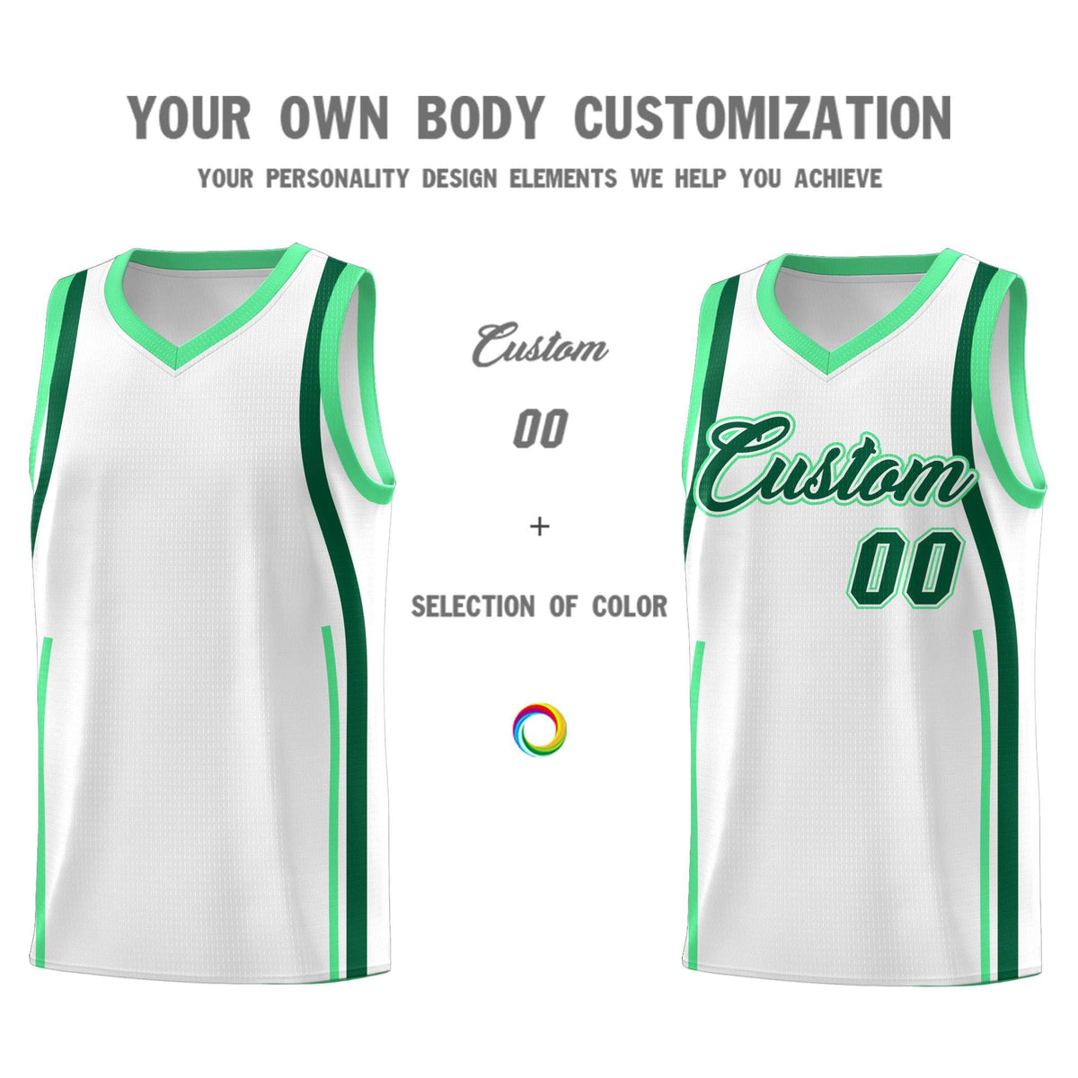 Custom White Kelly Green-Green Ribbon Pattern Basketball Kits